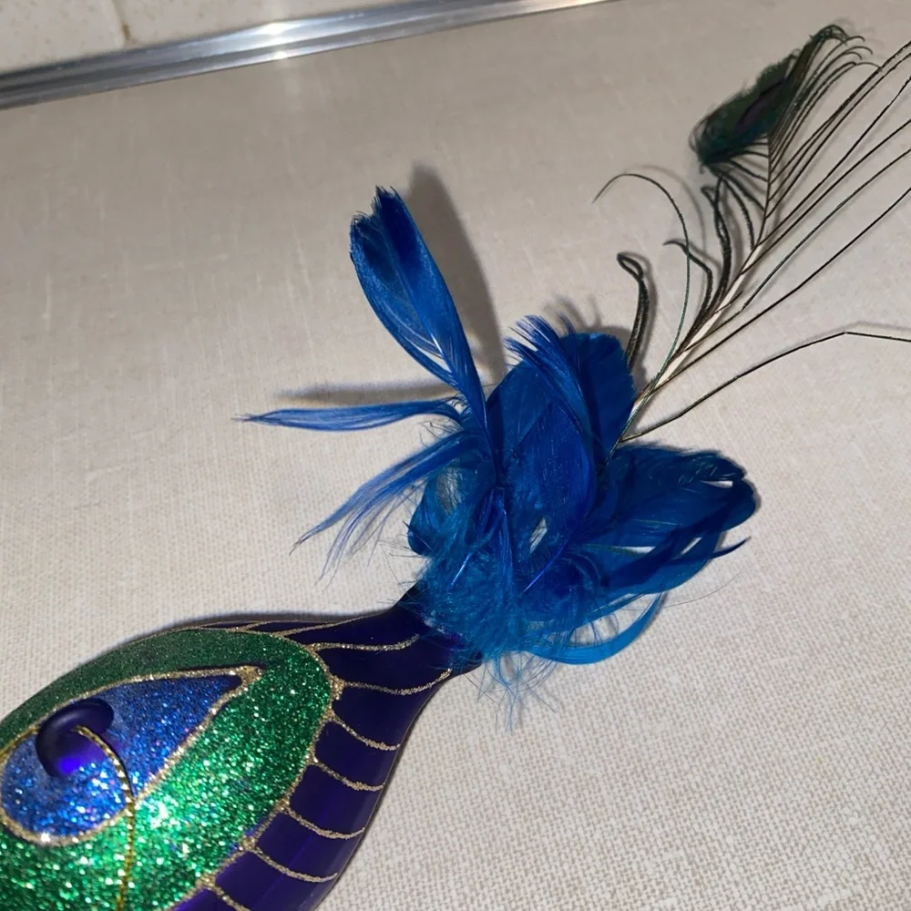Vintage Peacock Glass Christmas Ornament With‎ Feathers